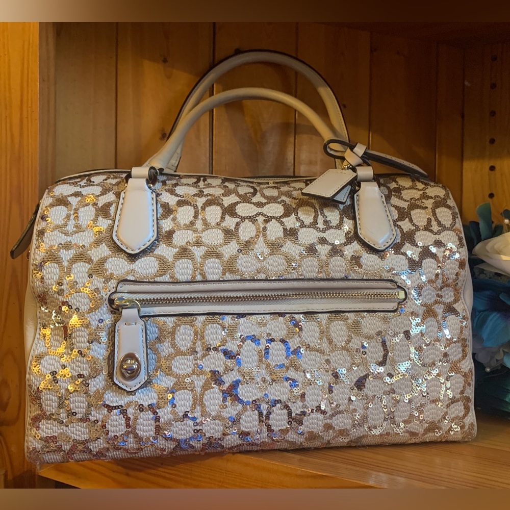 SOLD - Coach Champagne Leather Gold Sequined Poppy Signature East West Satchel